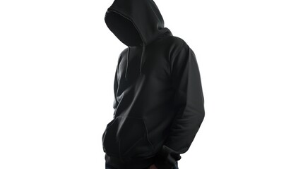A man wearing a black hoodie stands in front of a white background. This versatile image can be used for a variety of purposes