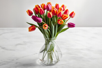 Beautiful bouquet of tulips in glass vase on white marble table. International women's day concept