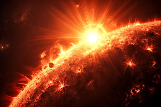 Close up of the sun, image showing several solar flares.