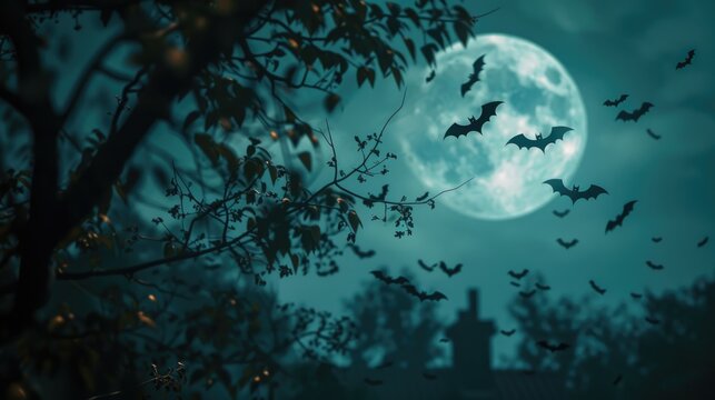 A captivating image of a group of bats flying against the backdrop of a full moon. Perfect for Halloween-themed designs and spooky projects