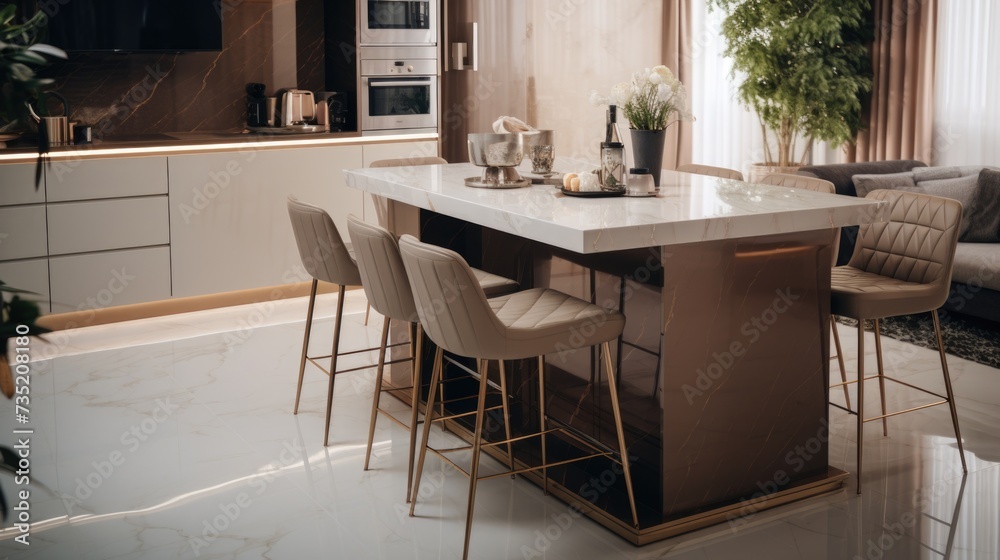 Poster a picture of a kitchen with a table and chairs. this image can be used for various purposes, such as
