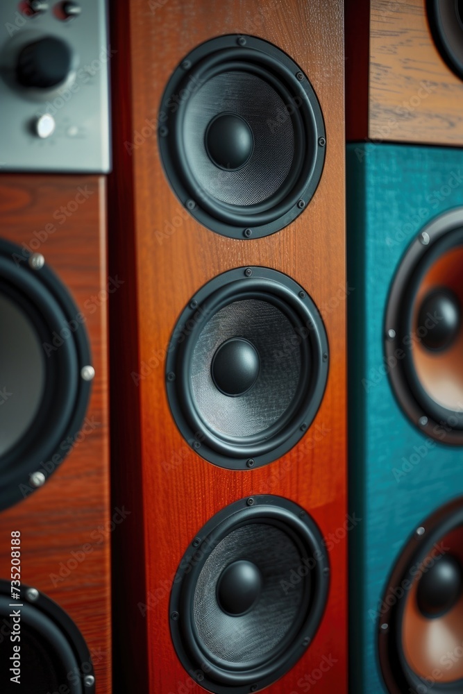 Poster Close-up view of a wall-mounted bunch of speakers. Versatile image suitable for various audio-related projects