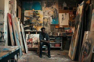 Naklejka premium A rugged man in urban streetwear sits among gritty paintings, surrounded by a cluttered shop of clothing and footwear, lost in thought amidst the raw beauty of indoor art