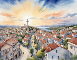 Watercolor painting of a Christian cross over the town on a white background - obrazy, fototapety, plakaty