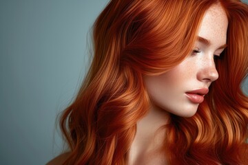 Fototapeta premium Bright red wavy hair of a young woman in a close-up portrait