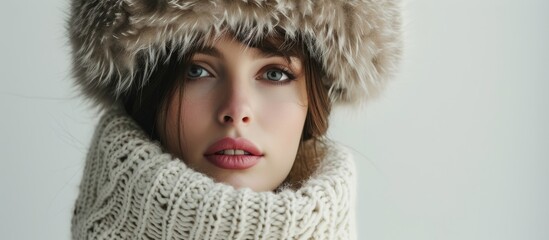 Stylish woman wearing elegant fur hat and scarf in winter fashion outdoor portrait