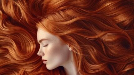 Obraz premium Bright red wavy hair of a young woman in a close-up portrait