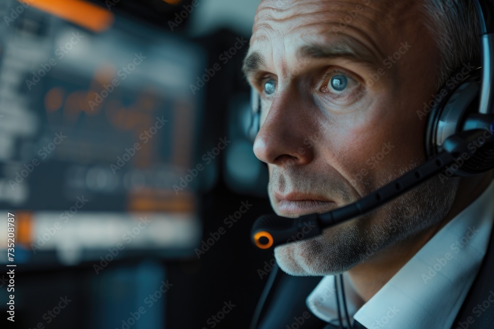 Poster A man wearing a headset sitting in front of a computer screen. Suitable for customer service or remote working concepts