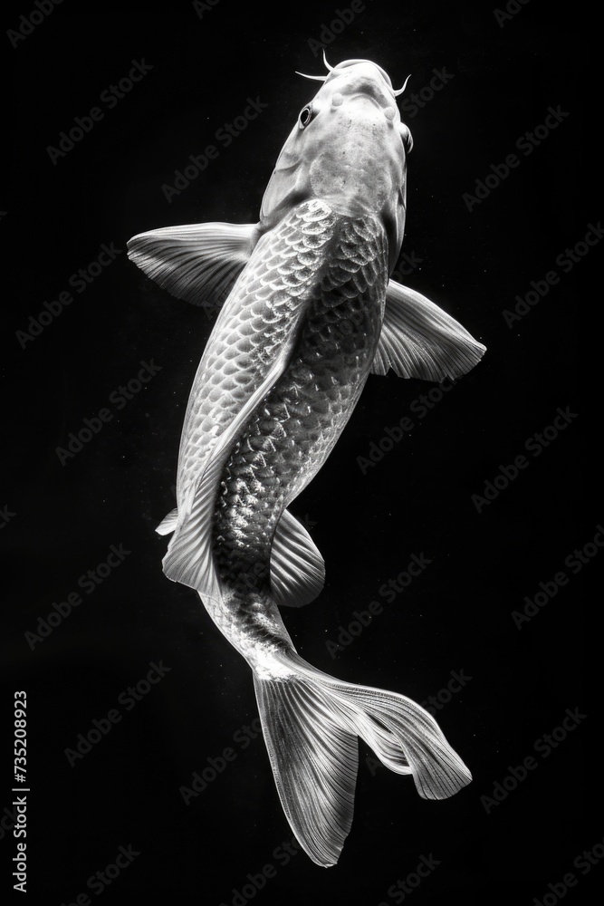 Poster a black and white photo of a beautiful koi fish. perfect for adding a touch of elegance to any proje