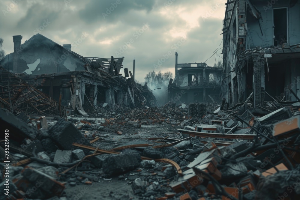 Poster a picture of a building that has been completely destroyed, with a large amount of rubble scattered 