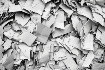 A black and white photo of a pile of paper. This versatile image can be used to represent paperwork, organization, clutter, or a creative project