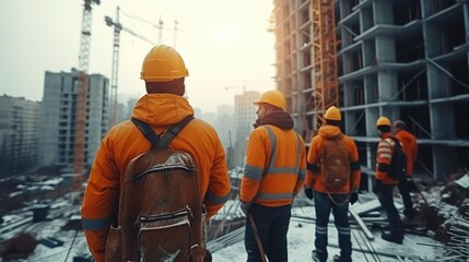 Team of builders in a modern construction, Group of builders in hardhat working together on construction site, planning and architecture. Generative AI. - obrazy, fototapety, plakaty