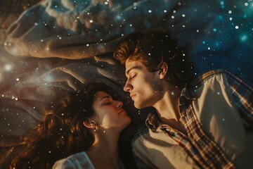 A couple's intimate moment captured on a blanket, their faces and clothing entwined as they share a passionate kiss