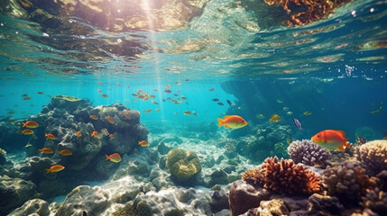 Naklejka na ściany i meble Marine life, Vibrant underwater scene with a school of tropical fish swimming among colorful coral under the dappled sunlight of the ocean surface.
