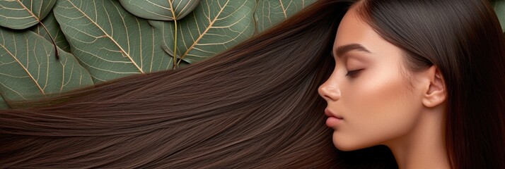 Woman with long straight hair and green leaves background