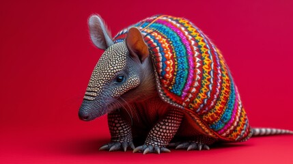 Vibrant Armadillo on Red Background