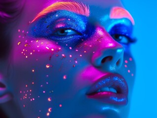 Blue Background with Woman in Neon Makeup