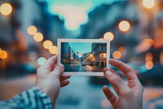 close up of hands holding photo with picture of city on city background, travel concept