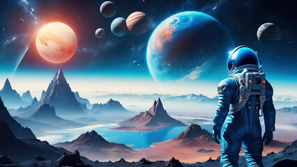 An astronaut wearing space suit standing on other planet.Space adventure, futuristic,galaxy exploration mission in outer space,sci-fi concept.Generative AI