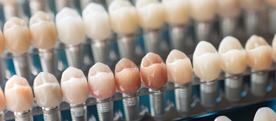 Close-up of a Row of Dental Implants in a Modern Dentistry Clinic - Oral Health and Tooth Restoration Concept - obrazy, fototapety, plakaty
