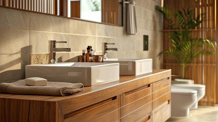 Fototapeta na wymiar Bright bathroom with a white sink close-up on a wooden countertop, monochrome beige colors. Interior design