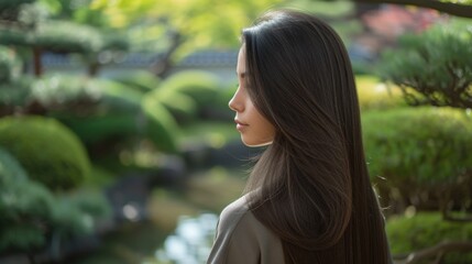 Naklejka premium A serene beauty with long hair in a tranquil garden