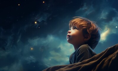 little boy stares up at the sky