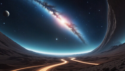 Futuristic space scene with swirling spatial and temporal elements - obrazy, fototapety, plakaty