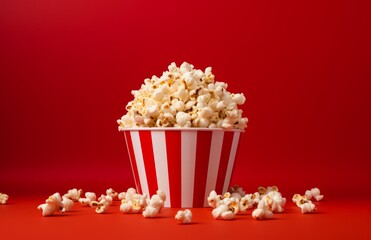 on a red background a bucket of popcorn is sitting in front of a camera
