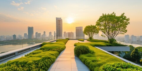 Generative AI, Rooftop garden in a high-rise building, Urban Farming, Green Spaces, Sustainable Living, Eco-Friendly, Skyline