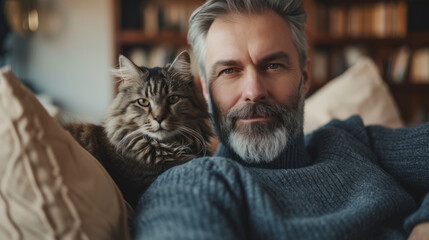 A middle-aged man sits on the sofa with his cat in the background of the living room, showcasing...