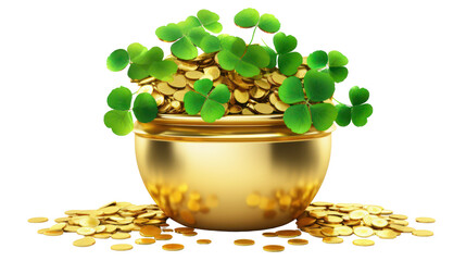 St. Patricks day pot of gold with clovers, isolated on white background, png