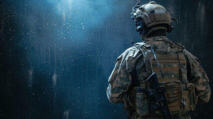 A special forces soldier. Back view. Silent guardian, a special forces soldier stands ready.
