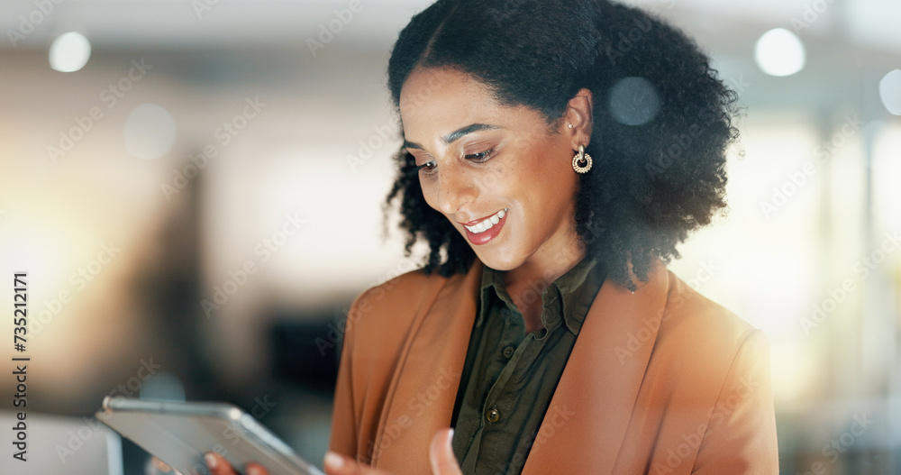 Canvas Prints Woman in office with tablet, scroll and thinking, reading email review or article at startup. Internet, research and businesswoman with digital app for networking, social media or website for info.