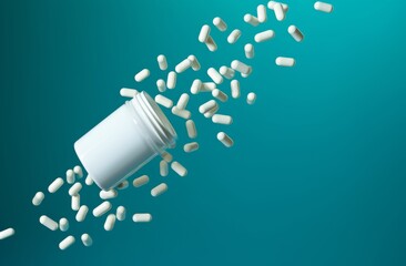 pills fall from a bottle onto a blue background