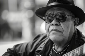 A stylish man exudes confidence as he struts down the sunlit street, his monochrome outfit completed with a fedora and sunglasses adding a touch of mystery to his portrait