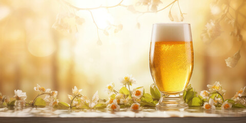 In the rays of the sun, a glass of beer on a table decorated with spring flowers. - obrazy, fototapety, plakaty