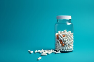 prescription drug bottle containing pills on blue background