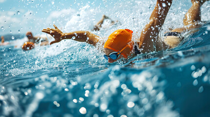 An athlete swimmer blue water in middle of stroke, water splashing around. Swimming competition in...