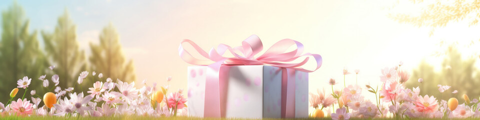 White gift box with a pink bow on a spring blooming field background. - obrazy, fototapety, plakaty