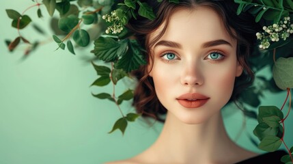 Graceful woman with sophisticated hairstyle and green foliage