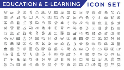 E-learning icon set. Online education icon set. Thin line icons set. Distance learning. Containing video tuition, e-learning, online course, audio course, educational website - obrazy, fototapety, plakaty