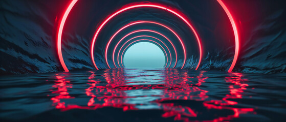 Futuristic neon tunnel with glowing blue lights, offering a modern and sci-fi perspective, perfect for illustrating advanced technology or virtual reality
