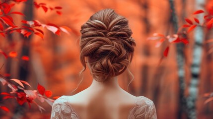 Woman with a romantic hairstyle against a background of autumn leaves