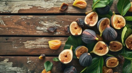 Photorealistic image of assorted dried figs on a rustic wooden table with a scattering of fresh fig leaves natural lighting close up shot for blog article header --ar 16:9 --v 6 Job ID: 21b7f54e-d97f- - obrazy, fototapety, plakaty
