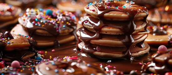 The image displays a mouthwatering close-up of a stack of pancakes richly coated with a glossy chocolate syrup and adorned with a vibrant assortment of sprinkles and small candy pieces, creating a fes