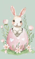 This adorable image features a cartoon bunny with a soft white and brown fur texture sitting inside a large, cracked pink Easter egg adorned with small white hearts. The egg is nestled among green fol