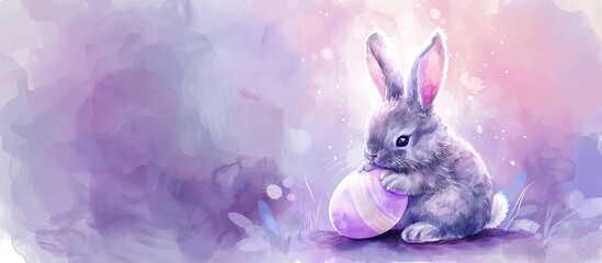 The digital artwork depicts a charming gray bunny softly perched upon a large, pastel-colored Easter egg, set against a dreamy, watercolor-inspired background that embraces shades of lavender, pink, a - obrazy, fototapety, plakaty