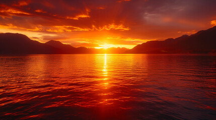 The sun sinks behind the distant mountains casting a fiery orange and red glow over the peaceful lake below.
