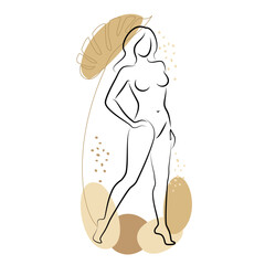 Silhouette of a cute lady and leaves of a plant. The girl is standing. The woman has a beautiful naked figure. She is young and slim. Vector illustration.